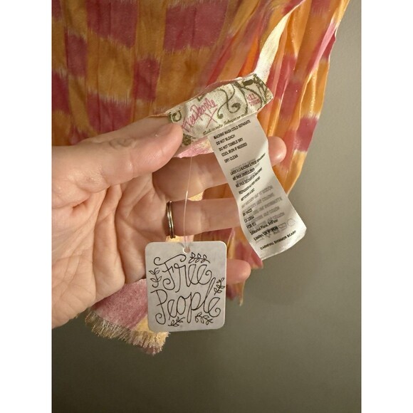 Free People Scarf Pink Orange Checkered Long Wrap Scarf Lightweight NWT - Picture 3 of 6